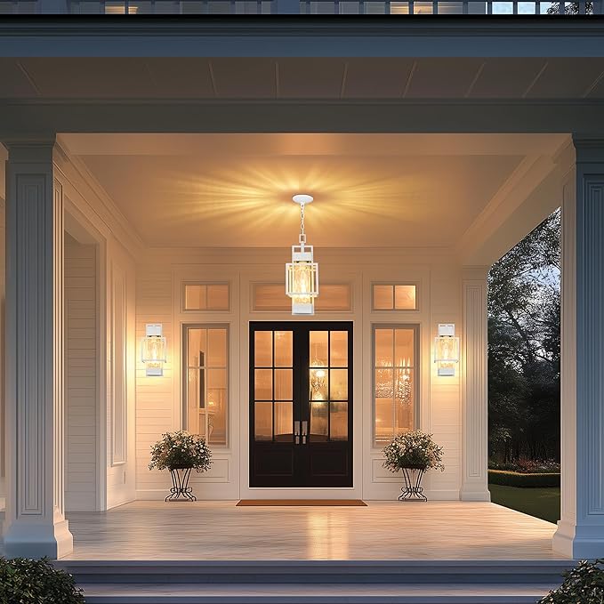 PARTPHONER 15" Outdoor Indoor Pendant Light Exterior Hanging Lantern, Modern Metal Outside Chandelier Light Fixture Ceiling Mount with Water Glass for Front Porch Entrance Foyer Entryway, White