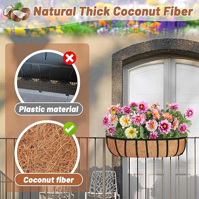 Coconut Fiber Planter Liner, 3PCS 36 Inch Natural Coco Liners for Deck Hanging Planter Window Box Liners Half Moon Shape Replacement for Flower Pots Horse Trough Hanging Basket Vegetables Pot