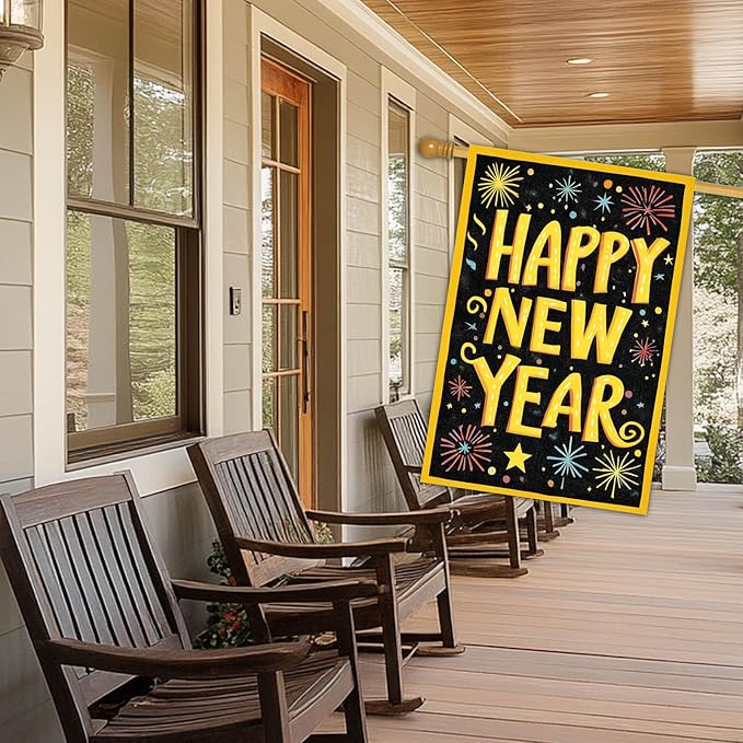Happy New Year House Flag 28x40 Inch Double Sided Garden Flag Colorful Fireworks Gold Letter Design Winter Holiday Yard Banner Large Outdoor Polyester Flag for Porch Lawn Home Decoration