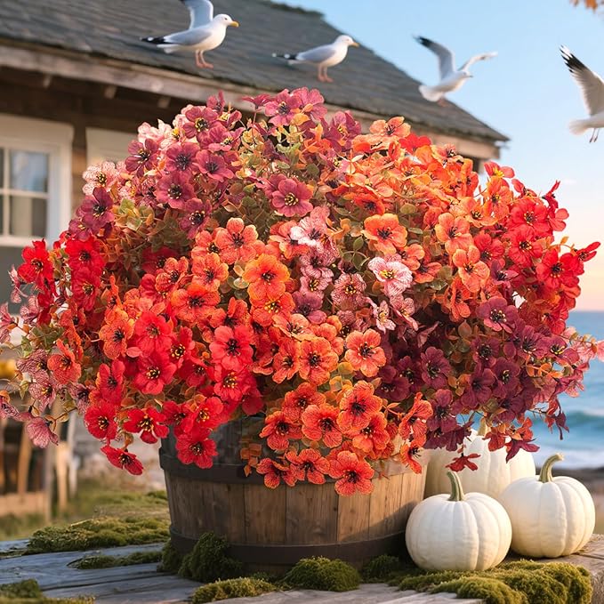 Grunyia 20 Bundles UV Resistant Artificial Fall Flowers - Fake Autumn Plants for Autumn Indoor Outdoor Garden Patio Fireplace Window Box Kitchen Home Decor (Fall Orange Mix)