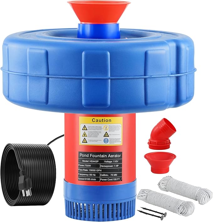 Plastic Pond Fountain Aerator, 15000 GPH Fountain Pump, 750W (1HP) Pond Pump with 100 ft Power Cord and Two 30 ft Tie-Down Ropes, Pond Aerator for Outdoor Ponds and Lakes
