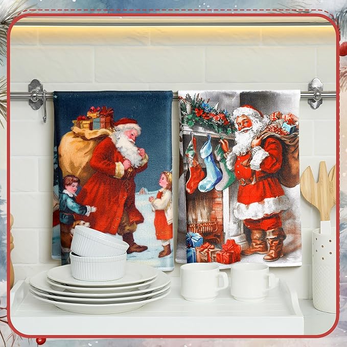 Bencailor 16 Pcs Christmas Kitchen Towels Santa Claus Hand Dish Towels Soft Absorbent Vintage Xmas Tea Dishcloths for Christmas Holiday Kitchen Bathroom Home Decor Gifts