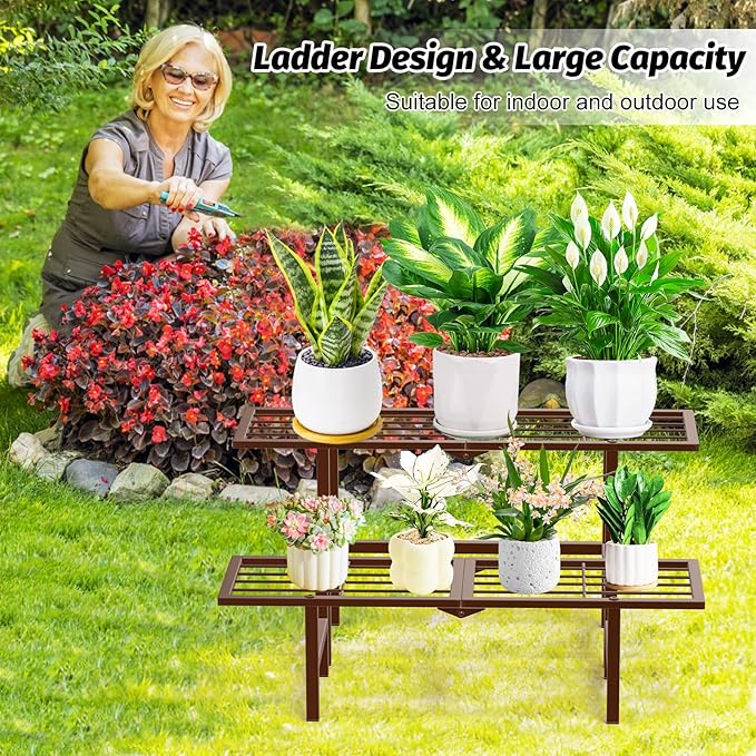 jsyonii 2 Tier Plant Stand Indoor Outdoor, Foldable Metal Ladder Plant Stands,Heavy Duty Tall Plant Shelf Flower Pot Holder Display Shelving for Garden Living Room Patio,Brown