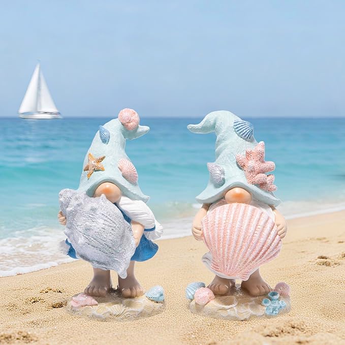 Hodao Ocean Elf Figurines with Seashell & Conch – Coastal Nautical Beach Elf Decor for Coastal Living Room, Ocean Themed Home Tabletop Decoration, Gift for Retirees & Ocean Enthusiasts (Blue-Grey)