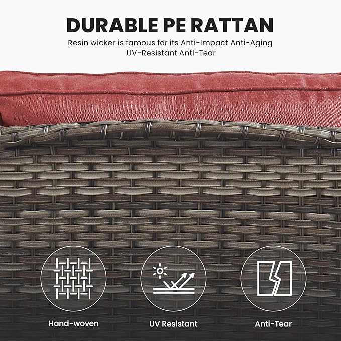 Belord Outdoor Wicker Furniture 5 Pieces Patio Furniture Set Patio Chairs with Ottomans and Side Table Conversation Set for Porch Garden Deck Balcony Poolside Grey Wicker Red Cushion