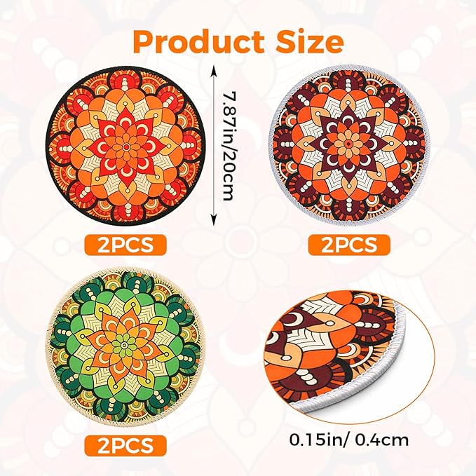 6 Pieces 7.87“ Boho Round Rubber Plant Coasters Absorbent Fabric Mats, No Smell,Non Slip Protects Surfaces, Fast Drying, for Indoor & Outdoor Plants or Pots.