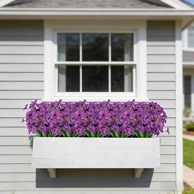 AmyHomie 20 Bundles Artificial Flowers for Outdoor Outside Spring Summer Decoration UV Resistant Faux Flowers No Fade Fake Plastic Plants Garden Porch Window Box Decorating (Purple)