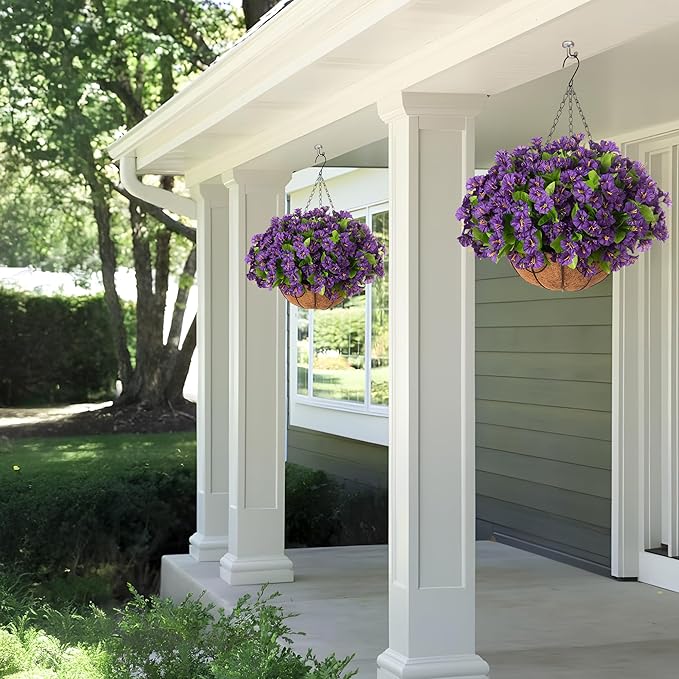Ammyoo Artificial Hanging Flower Plants with Basket for Spring Summer Outdoor Decoration, Faux Petunias Flowers Fake Morning Glories Planter for Outside Patio Garden Porch Balcony Yard Decor(Purple)