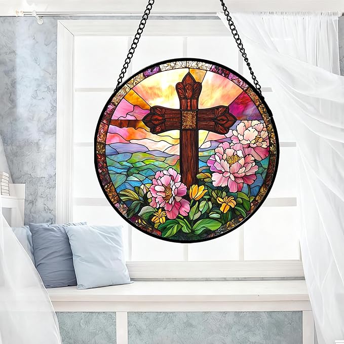 JOSUMALY Christian Gifts for Women - Cross Stained Glass Window Hanging Jesus Easter Pink Flower Peony Sun Catcher Garden Religion Decor Mother's Day Catholic Gift for Men Grandma Mom Her Nana 6.3"