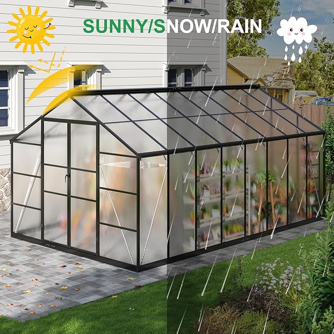 WKM 10x16 FT Greenhouse for Outdoors, Walk-in Polycarbonate Greenhouse with Roof Vent and Quick Setup Structure, Heavy Duty Green House for Outside Garden Backyard, Black