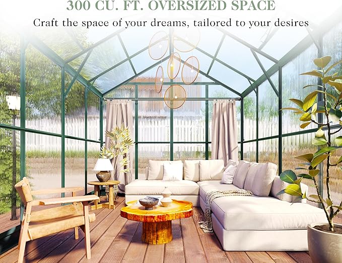 Jocisland 7.5x7.6x7.4 FT Outdoor Aluminum Polycarbonate Greenhouse with Ventilation and Rain Gutter, Double Swing Doors with Hook, Walk in Greenhouse for Outdoors, Backyard, Garden (Green)