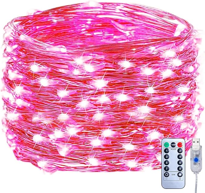 Fairy Lights Plug in, 33Feet 100 LEDs USB Twinkle String Lights with Remote and Timer, Waterproof 8 Modes for Bedroom Indoor Wreath DIY Wedding Holiday Christmas Valentine's Day Decoration, Pink