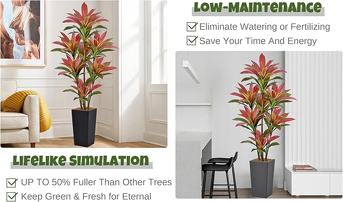 Roselywed Artificial Red Dracaena Tree 6FT with 114 Leaves & 7 Heads & Gray Tall Planter Cover with Coconut Fiber Tall Faux Tropical Silk Bicolor Plant 72 Inch for Indoor Home Office Porch Mall Decor
