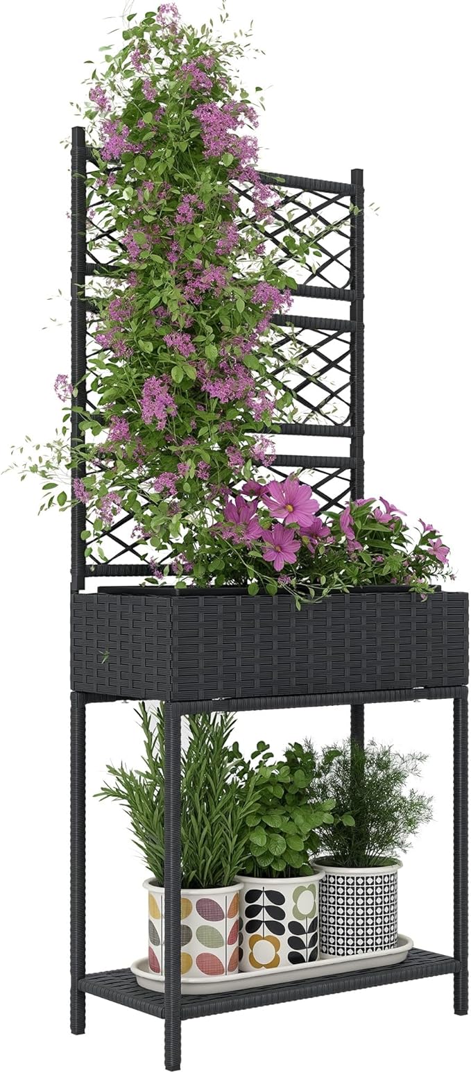 Outsunny Raised Garden Bed with Trellis, Outdoor Wicker Planter, Freestanding Rattan Planter Stand with Storage Shelf for Climbing Plants, Flowers, Herbs, Vegetables, Black