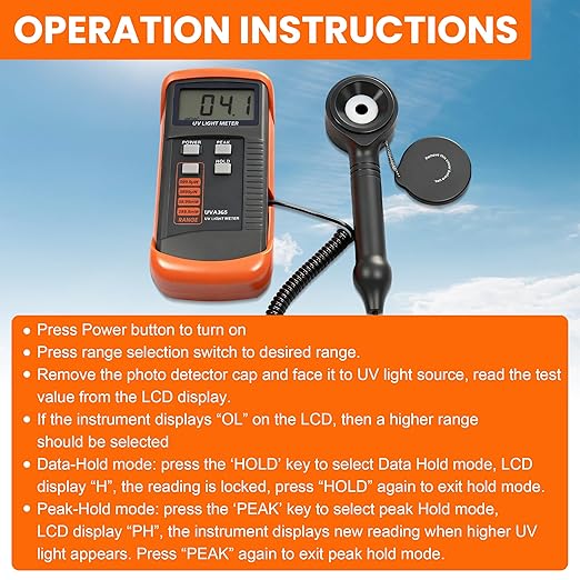 AMTAST UV Light Meter Professional UV Monitors Measurable of UVA Light Measure Tester with 320~390nm Range Portable UV Sunlight Tester (Model UVA365)