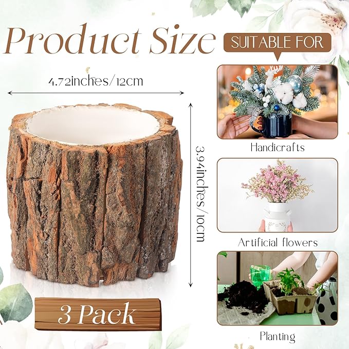 3 Pcs Wooden Vase for Centerpieces Woodland Table Decor Wooden Flower Vase Rustic Bark Stump Buckets Vintage Wood Planter Pots for Garden Party Wedding Window Home Farmhouse (Large)