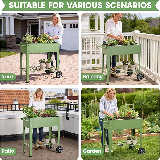 Elevated Raised Garden Bed with Legs- Galvanized Raised Beds for Gardening on Wheels, Anti-Rust Steel Planter Box with Storage Rack& Drain Hole for Backyard Patio Balcony (Green)