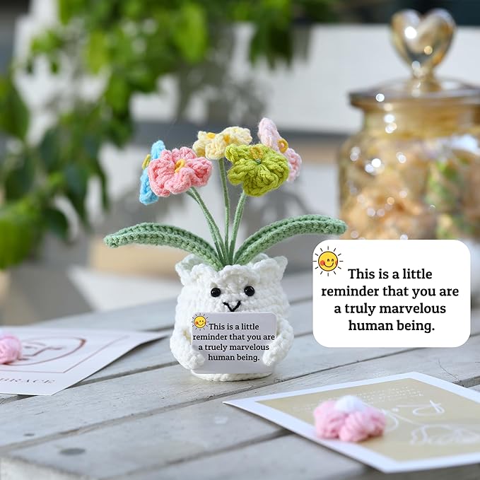 YOOJEE Forget-Me-Not Positive Crochet Flowers Plants Gift Handmade Desk Decor with Card “This is a Little Reminder” Appreciation Inspirational Gift for Coworkers Women Employee Teacher Best Friend Mom