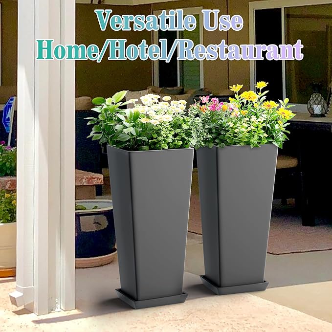 TUYOHW 24 Inch Tall Tapered Square Planters (Set of 2) - Indoor Outdoor Large Flower Pots with Built-in Drainage & Matching Water Tray for Patio, Garden, Home - Gray