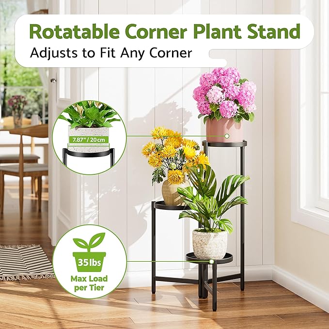 NQW 3 Tier Large Plant Stand Indoor with 7.9 Inch Wide Tray, Tiered Corner Metal Outdoor Flower Holder Stand, Folding Tall Rack for Display Shelf for Patio Porch Balcony - BlackDisk
