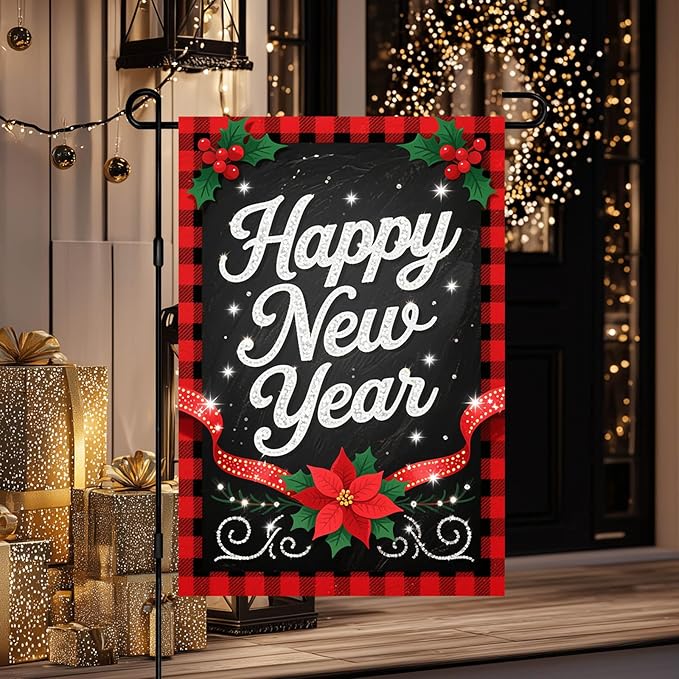 Happy New Year Garden Flag 12x18 Inch Double Sided Plaid Banner Outdoor Yard Decoration with Holly Berry and Poinsettia for Home Lawn Porch Seasonal Holiday Garden Flags