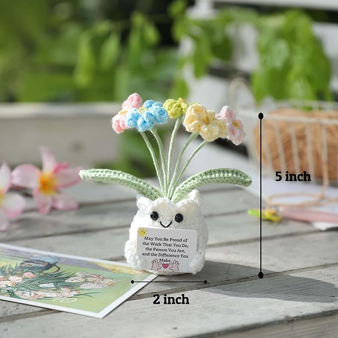 YOOJEE Forget-Me-Not Crochet Flower Potted Plant Gift Handmade Positive Desk Decor with Card - May You Be Proud of The Work That You Do - Appreciation Farewell Retirement Goodbye Gift Coworker Teacher