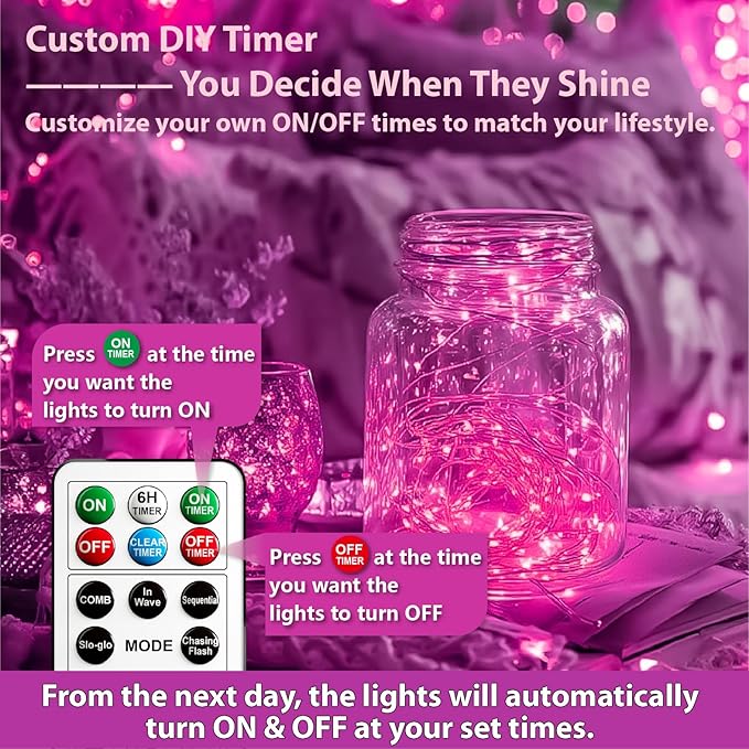HXWEIYE 6 Pack Rechargeable Fairy Lights Battery Operated with Remote & DIY Timer, 7ft 20LED Mini Twinkle String Light for Mason Jar DIY Wedding Table Centerpieces Party Bedroom Christmas (Pink)