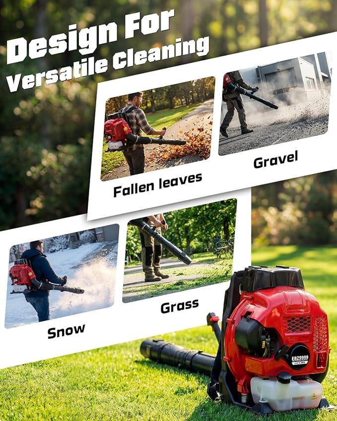 80CC Gas Backpack Blower, 900 CFM 260 MPH Gas Powered Leaf Blower with 2-Stroke Engine, Heavy-Duty Leaf Blower Backpack for Commercial Lawn Care (Red – 80CC)