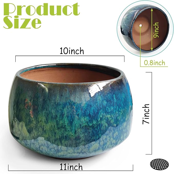 Casktcom Reactive Glaze Peacock Color 11" Ceramic Plant Pot, Large Blue Green Planter Artisan Flower Pot with Drainage Hole, Breathable Planter for Indoor Outdoor Plants