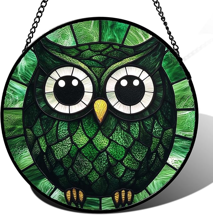 Stained Glass Window Hanging - Green Owl Suncatcher for Doors Garden Patio Funny Bird Sun Catchers Decor Christmas Mother's Day Birthday Teenager Gifts for Women Men Mom Nana Friend 15 in