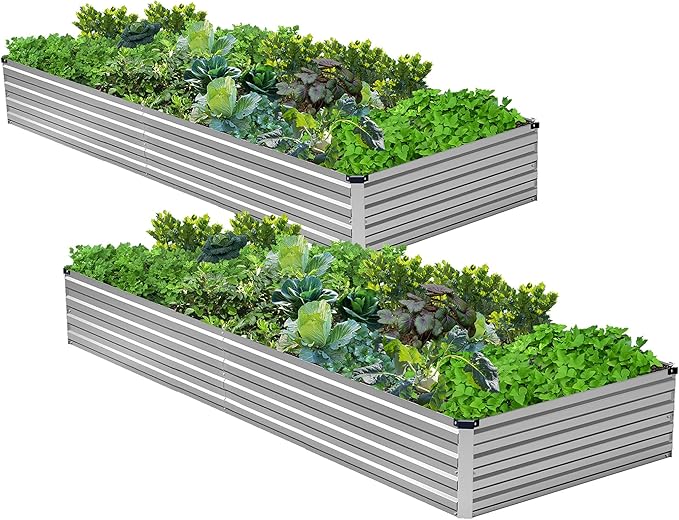 2PCS 8x4x1ft Galvanized Raised Garden Bed Kit,Metal Planter Box for Vegetables,Flowers,Herbs Durable Rust-Resistant Patio Gardening Beds,Silver