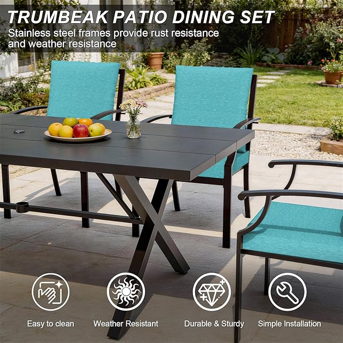 10 Pieces Patio Dining Set,Metal Outdoor Furniture Set Includes 13.6FT Grey Umbrella,Hole Cut-Out 78.7" x 35.4" Table and 8 Metal Backrest Chairs for Backyard,Garden,Blue