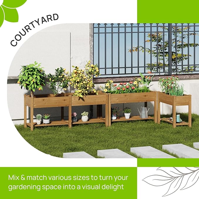 Raised Garden Bed, Planter Box with Storage Shelf, Elevated Wooden Planter Box with Legs, Garden Planter for Backyard, Patio, Balcony, Natural Wood (Brown, S)