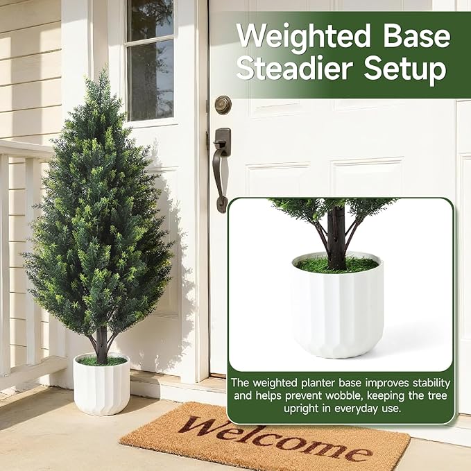 Gladeup 3FT Artificial Cedar Topiary Trees Set of 2 Detachable Planter & Spike,UV Resistant Faux Plants Outdoor and Indoor,Realistic Fake Bushes Pine Tree for Front Porch Decor(Cedar Green)