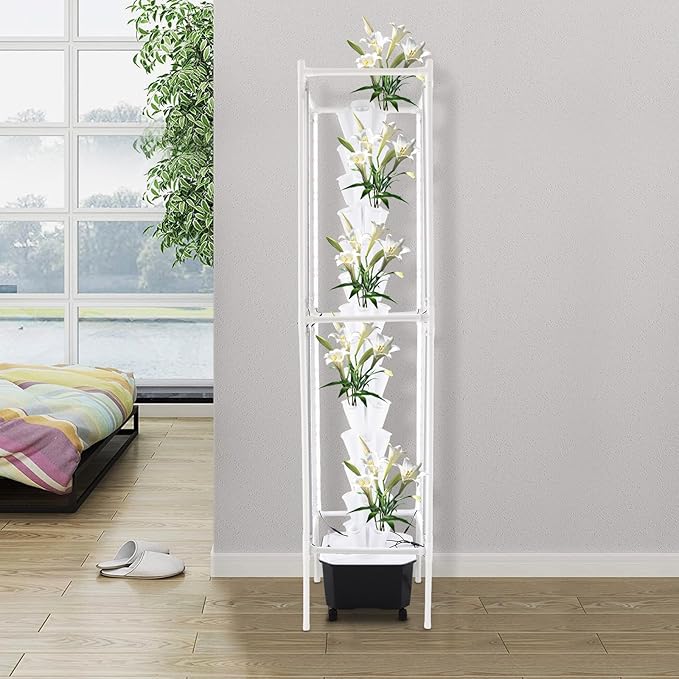 70-Pod Hydroponic Growing System with 8 Full-Spectrum LED Grow Lights, 14-Tier Vertical Indoor Garden Tower Mobile Self-Watering Planter for Herbs, Vegetables (White)