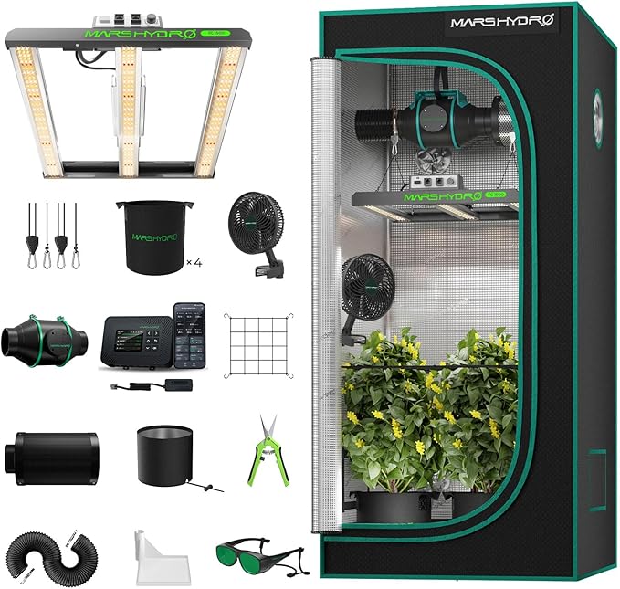 MARS HYDRO 3x3 Smart Grow Tent Kit Complete System with Smart Controller 43,150W FC1500 App Dimming Grow Light,1680D High Reflective Mylar,with 4inch App Controlled Automatic Ventilation System