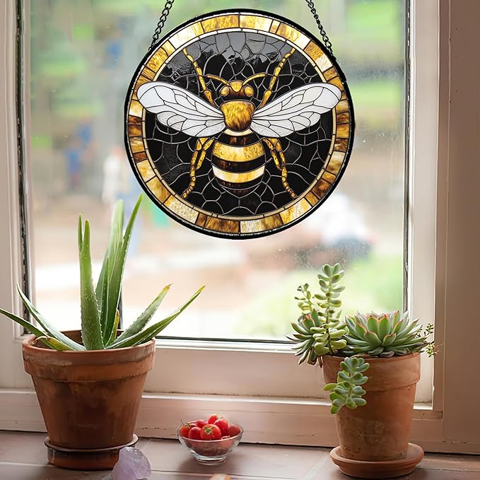 AMDERVEN Stained Glass Window Hanging - Black Gold Bee White Wings Sun Catcher for Door Home Decor Insect Suncatcher Christmas Mother's Day Birthday Gifts for Women Men Lovers Mom Nana 15 in