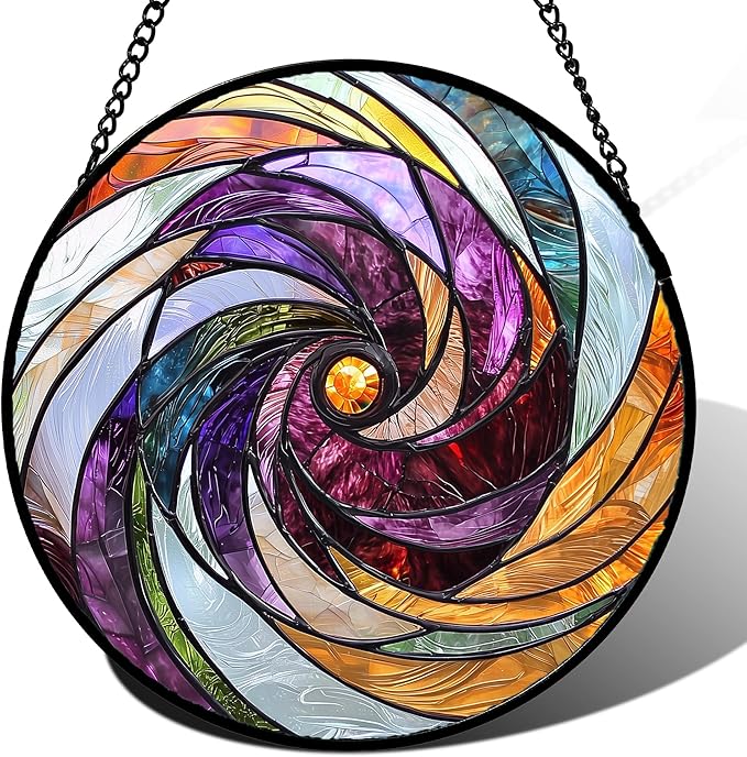 Stained Glass Window Hanging, Colorful Abstract Spiral Pattern Suncatcher for Doors Window Home Sun Catchers Decoration Mother's Day Birthday Gifts for Women, Men, and Mom 6.3 in