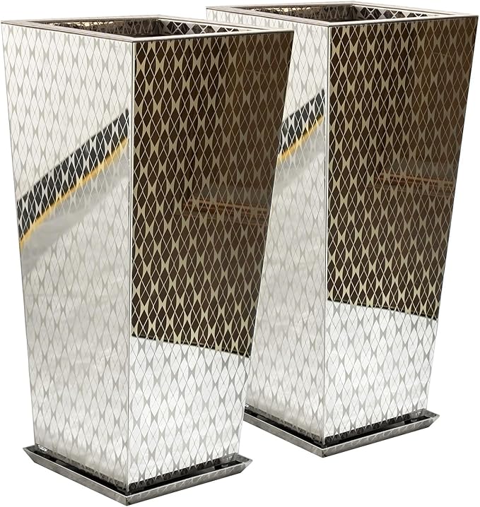 CYC Luxury Stainless Steel Sliver Taper Tall Planter Box Set of 2 with Mirror Etching No Coating 24”H Top 11” Bottom 8”, Decrative Pot Indoor, Modern Décor for Home,Office,Tall Plants,Trees,Flowers