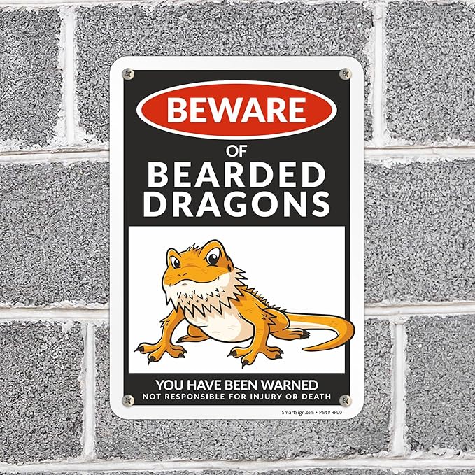 SmartSign Funny Beware Of Bearded Dragons Warning Sign - 10"x7", 40 mil Laminated Rust-free Aluminum - Metal Signs for Wall Decor, Outdoor, Patio, Gifts, Cafe - Dragon Theme, Made in USA