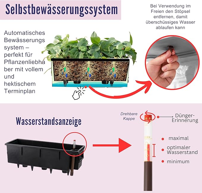 LaLaGreen Hanging Planter Boxes Outdoor (40 Inch, 2 Pack) Black Window Flower Box with Bracket, Large Rectangular Self Watering System Vertical Plant Container Wall Mounted Indoor Succulent Herb Decor