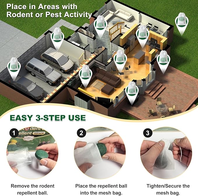 HLISIS 32PCS Mouse Rodent Repellent, Natural Mouse Repellent Peppermint Oil for Mice, Rats, Squirrels, Spiders and Pests, Keeps Pests Away Effectively from Garden & Home (Peppermint)