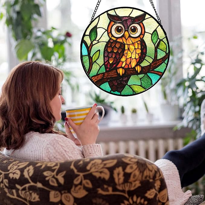 HWRHTR Stained Glass Window Hanging - Owl on a Branch Suncatcher for Doors Window Home Orange Brown Sun Catchers Decor Christmas Mother's Day Birthday Gifts for Teacher Women Men Mom Nana 15 in