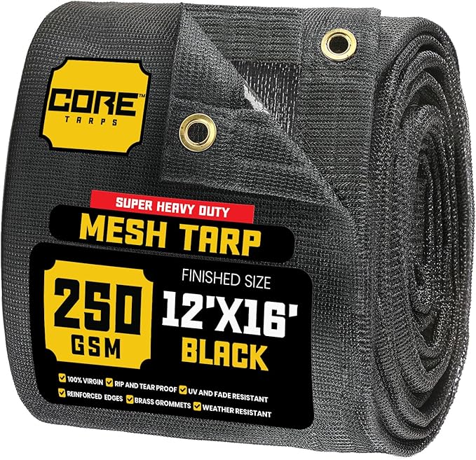 Core Tarps 60% Black Shade Cloth with Grommets - 12 X 16 FT Heavy Duty Mesh Tarp - Sun Shade Cloth for Garden Vegetables Plants Greenhouse Outdoors Backyard Fences Dump Trucks Patio Mesh Shade Tarp