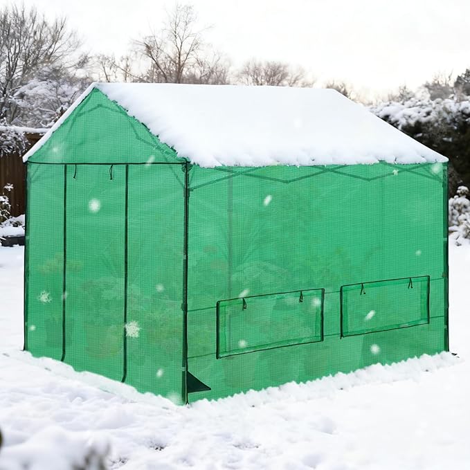 COOS BAY 10x10 FT Pop up Greenhouse Outdoor with Winter Support Pole, Walk in Green House with Power Access Openings, Zippered Doors & Windows, Durable PE Cover, Green