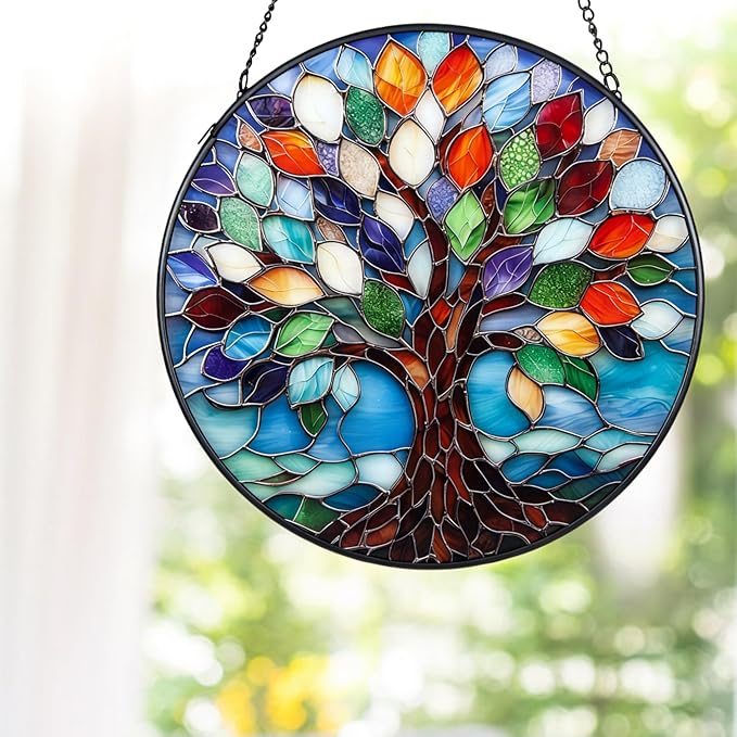 7.8″Tree of Life Stained Glass Window Hanging,Glass Panel Blue Suncatcher for Windows Hanging - Decoration for Home Garden Christmas Party Wedding Housewarming Gifts