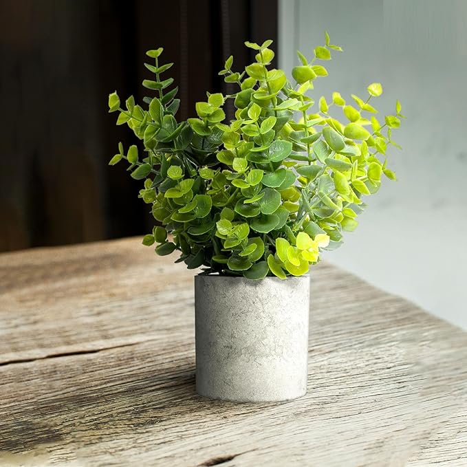 Ferrisland Small Fake Potted Plants: 4 Pcs Artificial Potted Decor Set - Faux Green Eucalyptus and Mini Succulent Desk Decorations for Indoor Kitchen Room or Home Table Centerpieces