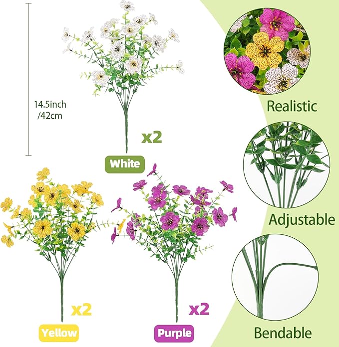 ATTGREAT Artificial Spring Flowers Outdoors UV Resistant Plastic Flowers Outdoors Faux Flowers Fake Plants Outside for Garden Porch Planters Silk Flowers Decor, 6 Bundles (Mix White Yellow Purple)