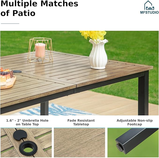 MFSTUDIO Patio Dining Set for 6, Metal Patio Table and Chairs Set with Umbrella Hole, 7 Piece Outdoor Furniture Dining Set for Deck Backyard Garden