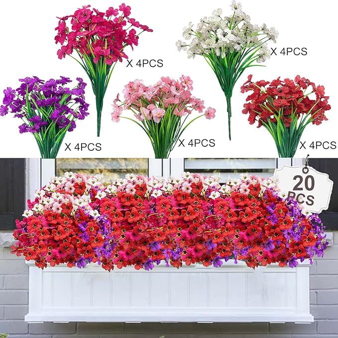 Colorful 20 Bundles Artificial Flowers for Outdoors,MixColors Fake Silk Flowers with Plastic Plants for Outside,Faux mums Realistic Flowers for Window Box Yard Front Porch Balcoy Dector (Mixed Color)